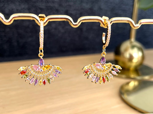 Boucles d’oreilles LUCIE - or 18k - éventail zircons multicolores