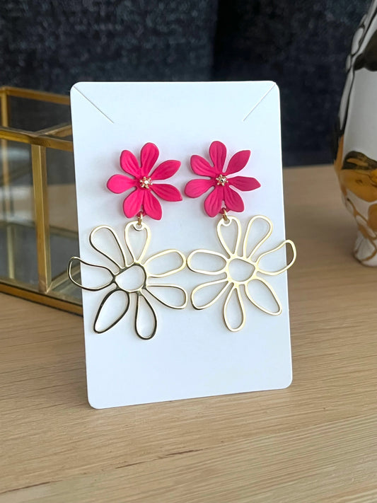 Boucles d’oreilles SARAH - Fleur en acier inoxydable doré et rose fuchsia
